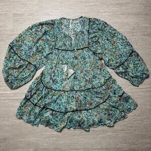 Free People Metallic Floral Midi Dress XS Puff Sleeve Light Blue Lined Oversized